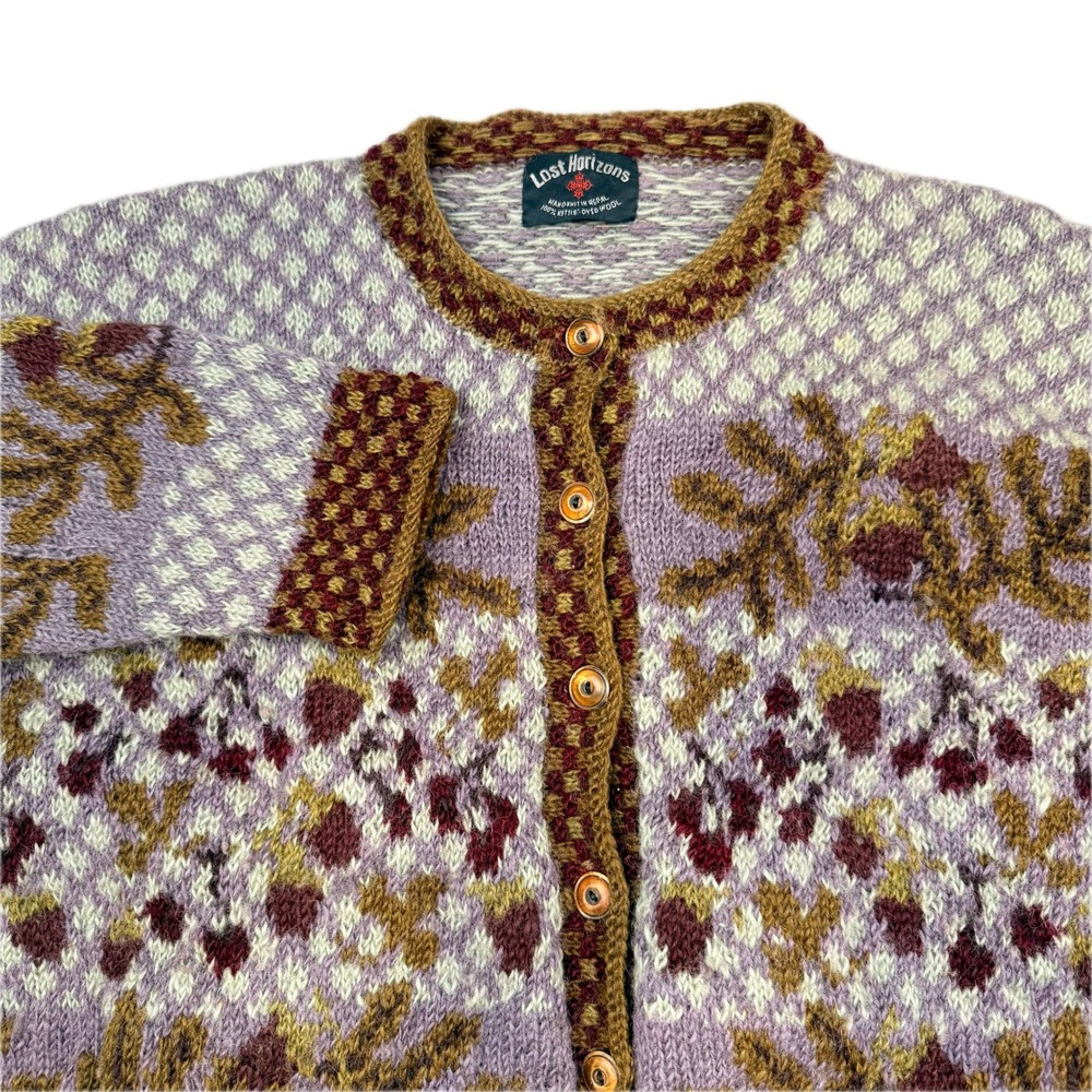 Lost Horizons Large Kettle Dyed Wool Cardigan Handknit Acorn Leaves Cottage Cozy
